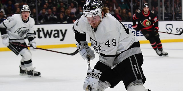 Kings left wing Brendan Lemieux shoots on goal against the Ottawa Senators at Staples Center on Nov. 27, 2021, in Los Angeles.