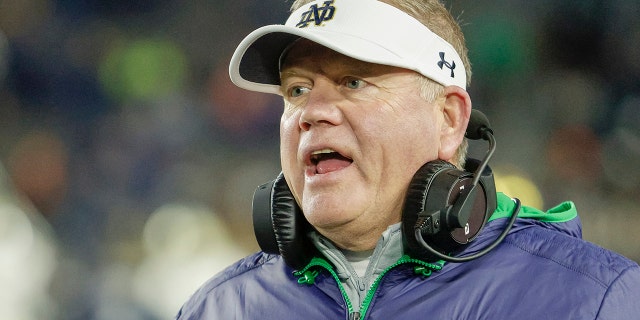 Head coach Brian Kelly of the Notre Dame Fighting Irish is seen during the game against the Georgia Tech Yellow Jackets at Notre Dame Stadium on November 20, 2021 in South Bend, Indiana.