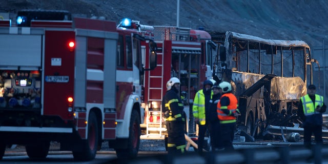 A view shows the site where a bus with North Macedonian plates caught fire on a highway, near the village of Bosnek, Bulgaria, November 23, 2021. REUTERS/Stoyan Nenov