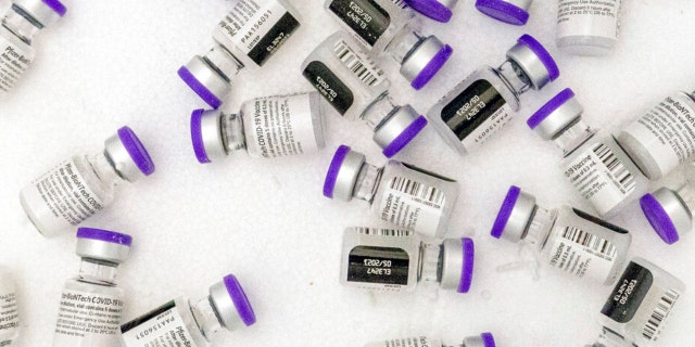 Vials with the Pfizer-BioNTech COVID-19 Vaccine are seen in a cooler before being thawed at a pop-up COVID-19 vaccination site (AP Photo/Mary Altaffer)