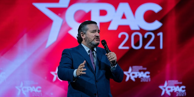 Sen. Ted Cruz, a Republican from Texas, speaks during the Conservative Political Action Conference (CPAC) in Orlando, Florida, in February. Recently, the senator called out Big Bird's efforts to vaccinate kids.