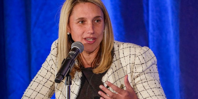 FILE - State. Rep. Caroline Simmons, left, D-Stamford, speaks during a Stamford mayoral debate Thursday, Oct. 21, 2021, in Darien, Conn.