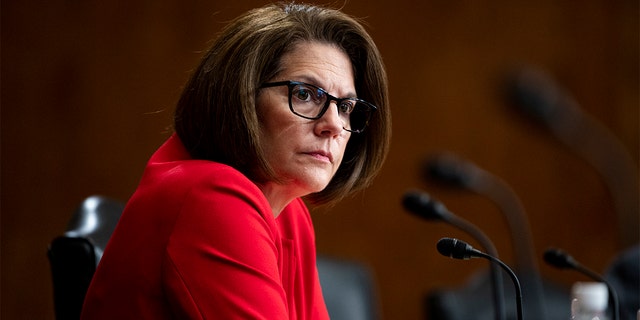 Sen.  Catherine Cortez Masto, D-Nev., listens as Secretary of the Interior Deb Haaland testifies during the Senate Energy and Natural Resources Committee hearing on the Department of the Interior budget on July 27, 2021.