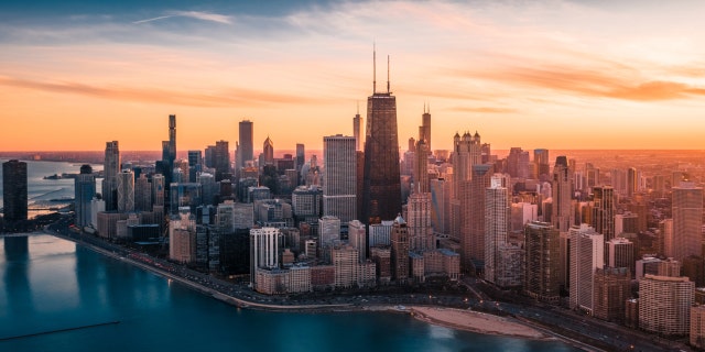 Chicago skyline at sunset.