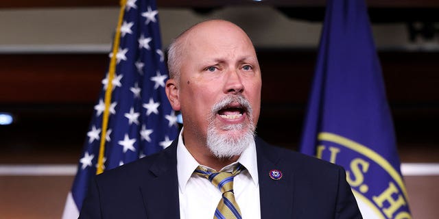September 22, 2021: Representative Chip Roy (R-TX) joins Correspondent Marjorie Taylor Green (R-GA), speaking at a news conference on the National Defense Approval Bill at the US Capitol in Washington, DC.  (Photo by Kevin Deutsch / Getty Images)