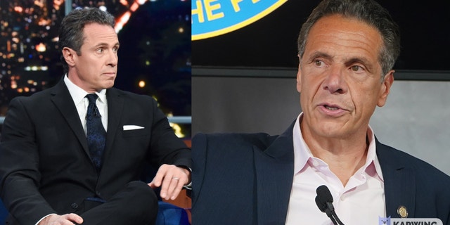 LEFT: NEW YORK - JANUARY 23: The Late Show with Stephen Colbert and guest Chris Cuomo during Thursday's January 23, 2020 show. (Photo by Scott Kowalchyk/CBS via Getty Images) RIGHT: NEW YORK, NEW YORK - JUNE 09: New York Gov. Andrew Cuomo speaks during the opening ceremony for the Tribeca Film Festival on June 9, 2021 in New York City. (Photo by Carlo Allegri-Pool/Getty Images)