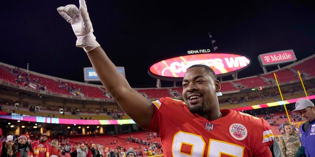 Kansas City Chiefs defensive tackle Chris Jones celebrates a 19-9 victory over the Dallas Cowboys in an NFL football game Sunday, Nov. 21, 2021, in Kansas City, Missouri.