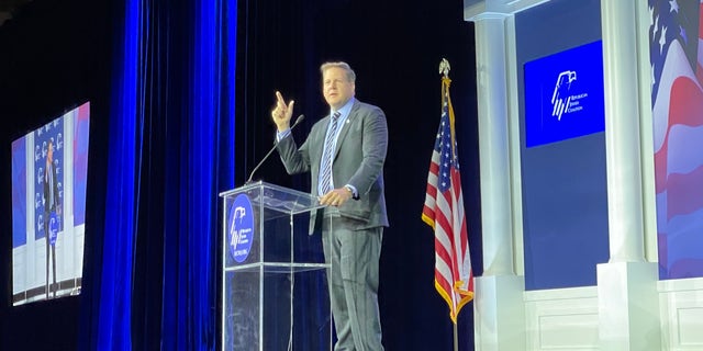 GOP Gov. Chris Sununu of New Hampshire addresses the crowd at the Republican Jewish Coalition's annual leadership meeting in Las Vegas, on Nov. 5, 2021.