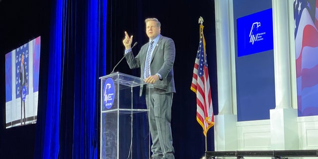 GOP Gov. Chris Sununu of New Hampshire addresses the crowd at the Republican Jewish Coalition's annual leadership meeting in Las Vegas, on Nov. 5, 2021.