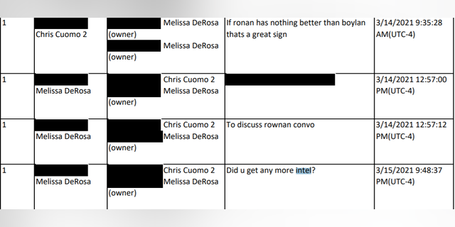 A text exchange between CNN's Chris Cuomo and top Andrew Cuomo aide Melissa DeRosa discusses Cuomo looking into journalist Ronan Farrow's reporting on his brother, then-New York Gov. Andrew Cuomo.