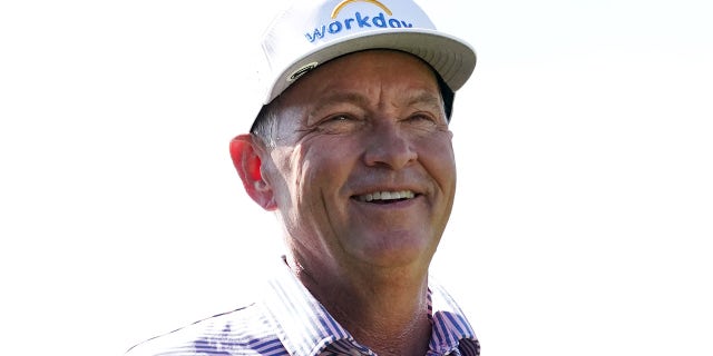 Davis Love III smiles while on the first hole prior to the PGA TOUR Champions SAS Championship at Prestonwood Country Club on Oct. 14, 2021 in Cary, North Carolina.
