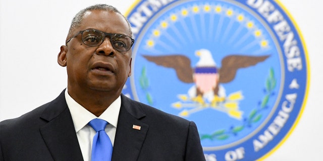 Defense Secretary Lloyd Austin holds a briefing in Tbilisi on Oct. 18, 2021. (Photo by VANO SHLAMOV/AFP via Getty Images)