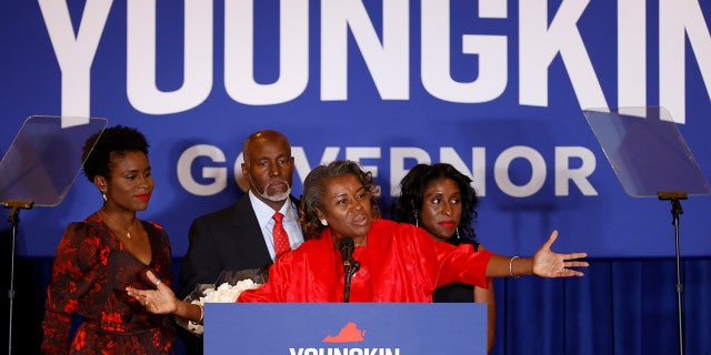 Former Republican Delegate Winsome Sears celebrates winning the race for Lt. Governor of Virginia as she introduces Republican candidate for Governor Glenn Youngkin during an election night party in Chantilly Virginia, U.S., November 3, 2021. REUTERS/ Jonathan Ernst