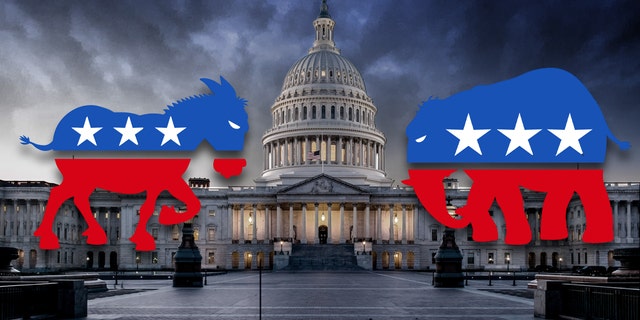 Democratic donkey and Republican elephant clash.