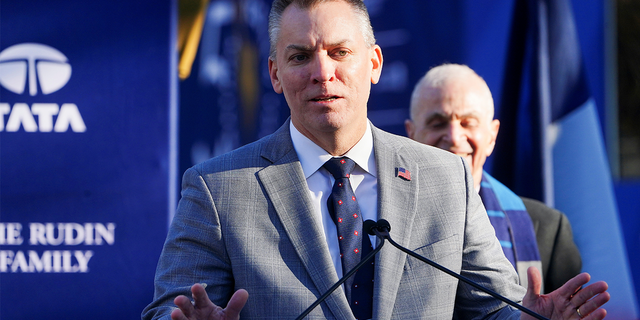 New York City Police Commissioner Dermot Shea speaks to the media during the New York Marathon ceremonial finish line painting in Central Park in the Manhattan borough of New York City, New York, U.S., November 3, 2021. REUTERS/Carlo Allegri