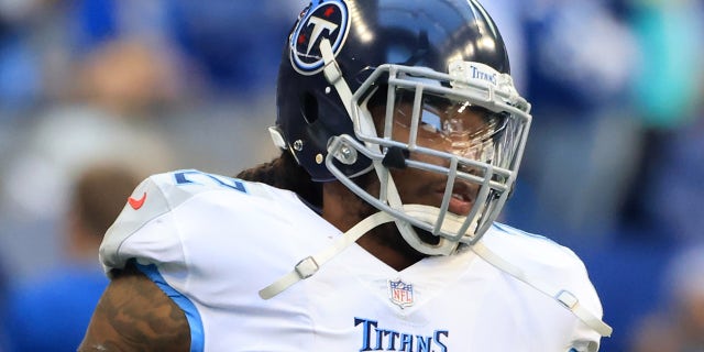 Derrick Henry of the Tennessee Titans warms up before a game against the Indianapolis Colts at Lucas Oil Stadium on Oct. 31, 2021, in Indianapolis, Indiana.