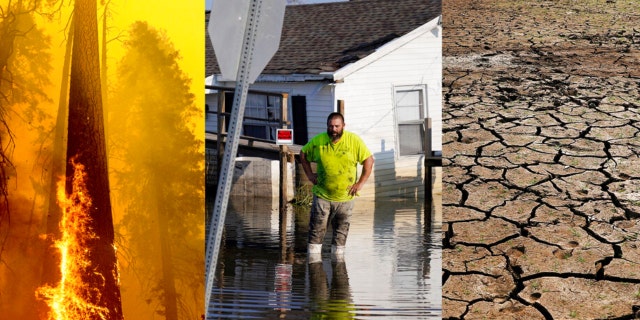 This combination of 2020-2021 photos shows a burning tree in Sequoia National Forest, California; Nathan Fabre, whose home and boat were destroyed by Hurricane Ida in Lafitte, Louisiana; and the cracked, dry bottom of the Cerro Lagoon during an extended drought in Paraguay. Climate change is fueling heat waves, flooding, drought and nastier tropical cyclones. 