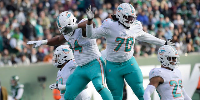 Miami Dolphins' Christian Wilkins, left, and Adam Butler celebrate a fumbling recovery in the first half of an NFL football game against the New York Jets, Sunday, November 21, 2021 in East Rutherford, NJ