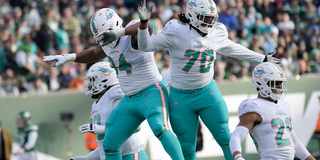 Miami Dolphins' Christian Wilkins, left, and Adam Butler celebrate a fumble recovery during the first half of an NFL football game against the New York Jets, Sunday, Nov. 21, 2021, in East Rutherford, N.J.