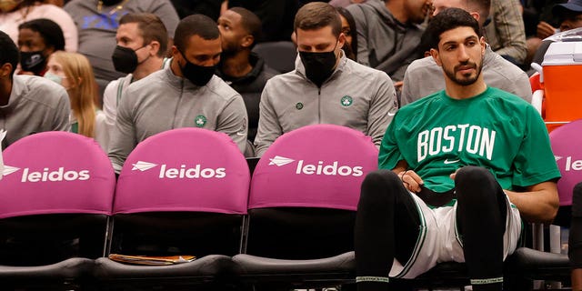 Oct 30, 2021; Washington, District of Columbia, USA; Boston Celtics center Enes Kanter sits on the bench against the Washington Wizards at Capital One Arena.