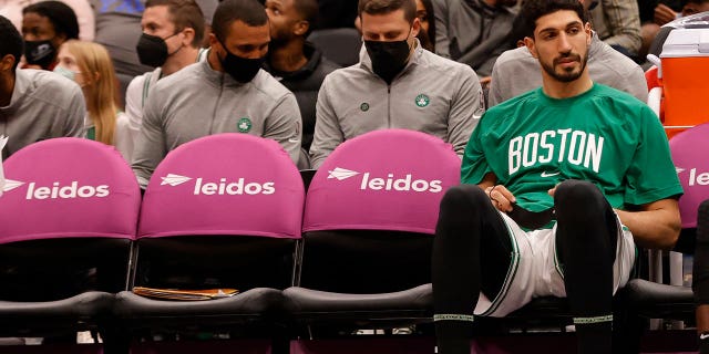 Oct 30, 2021; Washington, District of Columbia, USA; Boston Celtics center Enes Kanter sits on the bench against the Washington Wizards at Capital One Arena.