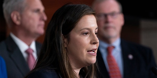 Republican conference chair Rep. Elise Stefanik, R-N.Y., speaks with reporters during a news conference on Capitol Hill, il nov. 3, 2021, a Washington, D.C.