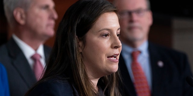 Republican conference chair Rep. Elise Stefanik, R-N.Y., speaks with reporters during a news conference on Capitol Hill, Wednesday, Nov. 3, 2021, in Washington.