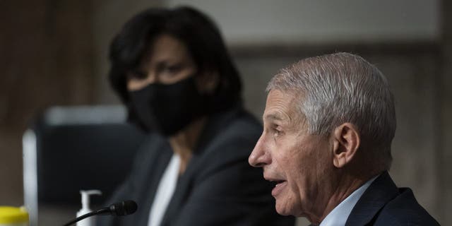 Dr. Anthony Fauci speaks as Dr. Rochelle Walensky looks on during a Senate Health, Onderwys, Arbeid, and Pensions Committee hearing on Capitol Hill, Donderdag, Nov.. 4.