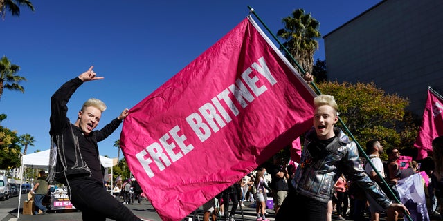 Twins Edward, right, and John Grimes of Dublin, Ireland, hold a ‘Free Britney’ flag outside a hearing concerning the pop singer's conservatorship at the Stanley Mosk Courthouse, Friday, Nov. 12, 2021, in Los Angeles.