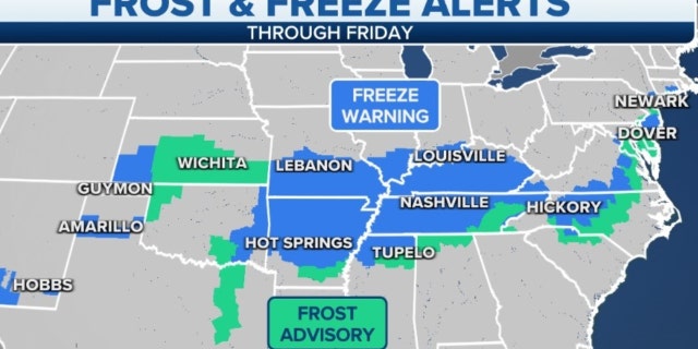 Frost and freeze alerts in the eastern U.S.