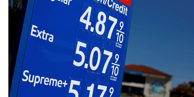 FILE PHOTO: Gas prices grow along with inflation as this sign at a gas station shows in San Diego, California, U.S. November, 9, 2021. REUTERS/Mike Blake/File Photo