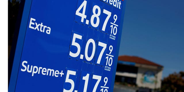 FILE PHOTO: Gas prices grow along with inflation as this sign at a gas station shows in San Diego, California, U.S. November, 9, 2021. REUTERS/Mike Blake/File Photo