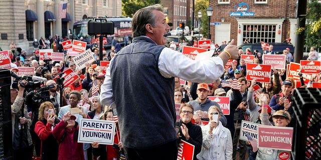 Virginia Republican candidate for governor Glenn Youngkin speaks during a campaign event at the Farmers Market in Old Town Alexandria in Alexandria, Virginia, the United States, October 30, 2021.