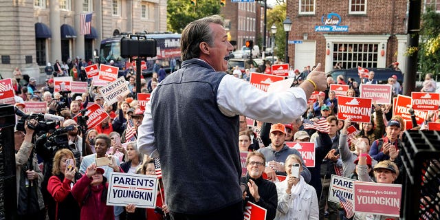 Virginia Republican gubernatorial nominee Glenn Youngkin speaks during a campaign event in Old Town Alexandria’s Farmers Market in Alexandria, Virginia, U.S., October 30, 2021.