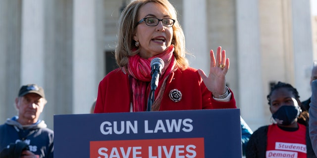 Former congresswoman and gun violence survivor Gabby Giffords D-Ariz. speaks during a rally outside of the U.S. Supreme Court in Washington, Wednesday, Nov. 3, 2021.