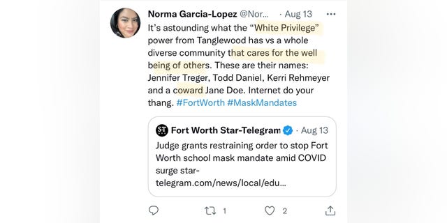 Twitter screenshot of a message from Norma Garcia-Lopez