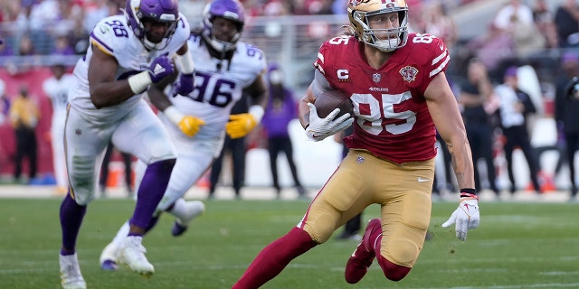 San Francisco 49ers tight end George Kittle runs against the Minnesota Vikings in Santa Clara, California, on Sunday, Nov. 28, 2021.