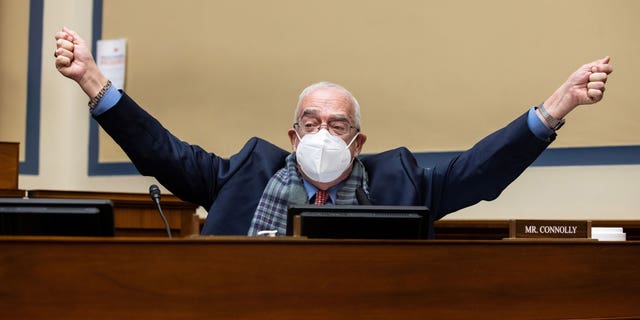 Representative Gerry Connolly (D-VA) gestures during a House Oversight and Reform Committee hearing on "Legislative Proposals to Put the US Postal Service on Sustainable Financial Footing" on Capitol Hill in Washington, DC, U.S., February 24, 2021. Graeme Jennings/Pool via REUTERS