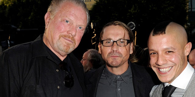 (L-R) Actor William Lucking, series creator/executive producer Kurt Sutter and actor Theo Rossi pose at the season three premiere screening of FX's ‘Sons of Anarchy’ at the Cinerama Dome Theater on August 30, 2010 in Los Angeles, California. 