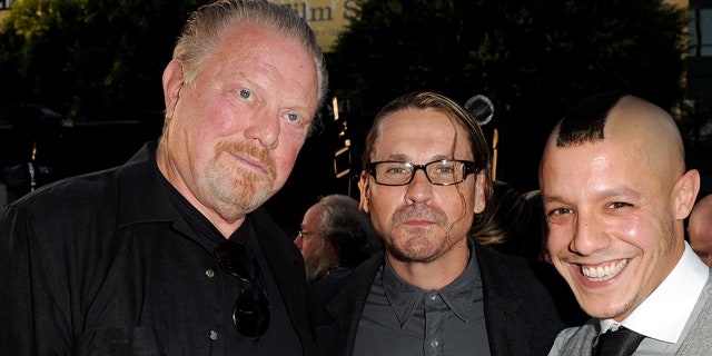 (L-R) Actor William Lucking, series creator/executive producer Kurt Sutter and actor Theo Rossi pose at the season three premiere screening of FX's ‘Sons of Anarchy’ at the Cinerama Dome Theater on August 30, 2010 in Los Angeles, California.