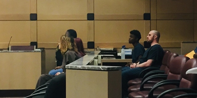 Brendan Evans, far right, the Hollywood man accused of killing Ollie the pit bull on Oct. 10, 2017, makes a rare court appearance on Tuesday, April 9, 2019 in Fort Lauderdale, Fla. (Susannah Bryan/Sun Sentinel/Tribune News Service via Getty Images)