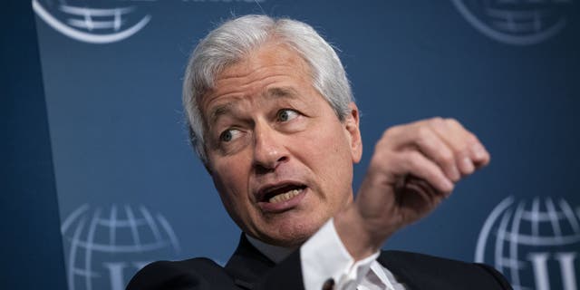 Jamie Dimon, chief executive officer of JPMorgan Chase &amp; Co., speaks during the Institute of International Finance (IIF) annual membership meeting in Washington, D.C., on Friday, Oct. 18, 2019. (Al Drago/Bloomberg via Getty Images)