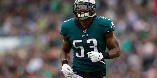 Nigel Bradham #53 of the Philadelphia Eagles looks on against the New York Jets at Lincoln Financial Field on October 6, 2019 in Philadelphia, Pennsylvania.