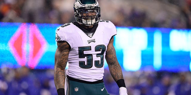 Nigel Bradham #53 of the Philadelphia Eagles looks on against the New York Giants at MetLife Stadium on December 29, 2019 in East Rutherford, New Jersey. 