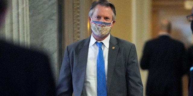Sen. Roger Marshall, R-Kan., arrives at the Senate chamber before the fifth day of the Senate impeachment trial for former President Trump on Capitol Hill Feb. 13, 2021, in Washington, D.C.