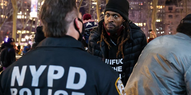 Police take measures as protesters gather at New York City's Bryant Park and march through streets in memory of George Floyd on the first day of the trial for former Minneapolis police offices Derek Chauvin on March 08, 2021. (Photo by Tayfun Coskun/Anadolu Agency via Getty Images)