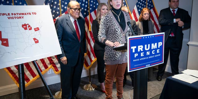 Attorney Sidney Powell speaks during a news conference with Rudy Giuliani, lawyer for U.S. President Donald Trump, about lawsuits contesting the results of the presidential election at the Republican National Committee headquarters in Washington, D.C., on Thursday Nov. 19, 2020. (Photo by Sarah Silbiger for The Washington Post via Getty Images)