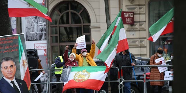 A group of anti-Iran demonstrators gather during the Joint Comprehensive Plan of Action (JCPOA) meeting in Vienna, Austria April 15, 2021. 