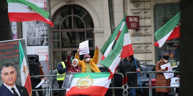 A group of anti-Iran demonstrators gather during the meeting of the Joint Comprehensive Plan of Action (JCPOA) in Vienna, Austria April 15, 2021.