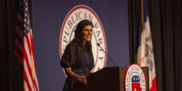 Nikki Haley, former ambassador to the United Nations, speaks during the Iowa GOP Lincoln Dinner in Des Moines, Iowa, U.S., on Thursday, June 24, 2021. (Rachel Mummey/Bloomberg via Getty Images)